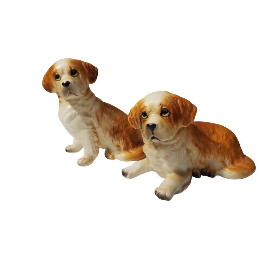 Vintage Lefton Saint Bernard Dog Figurine Pair H7856 Puppy Eyes Whimsical Decor